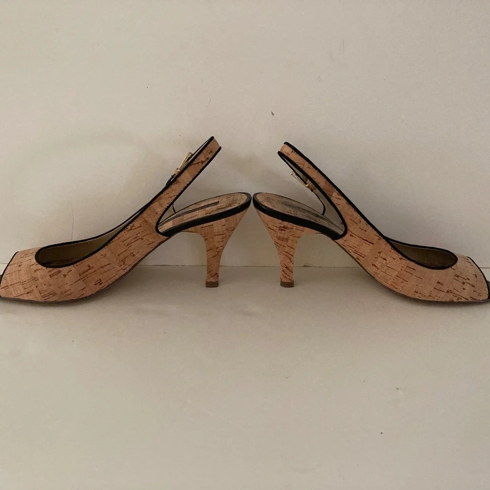 Bandolino Art Deco Cork & Black Trim Peep Toe Slingback Heels/Size 8M/EUC!
